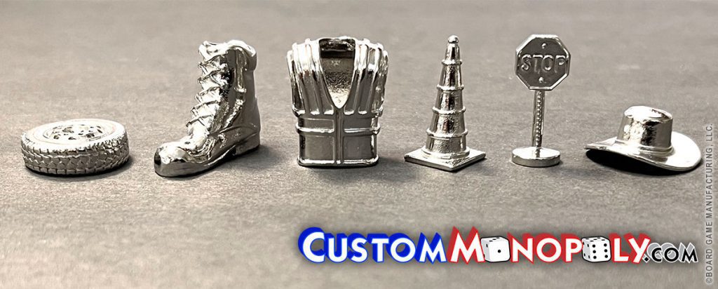 Construction Gear, Wheel, Boots, Safety Vest, Construction Vest, Safety Cone, Stop Sign, Cowboy Hat, Safari Hat, Metal Monopoly Tokens/Pieces