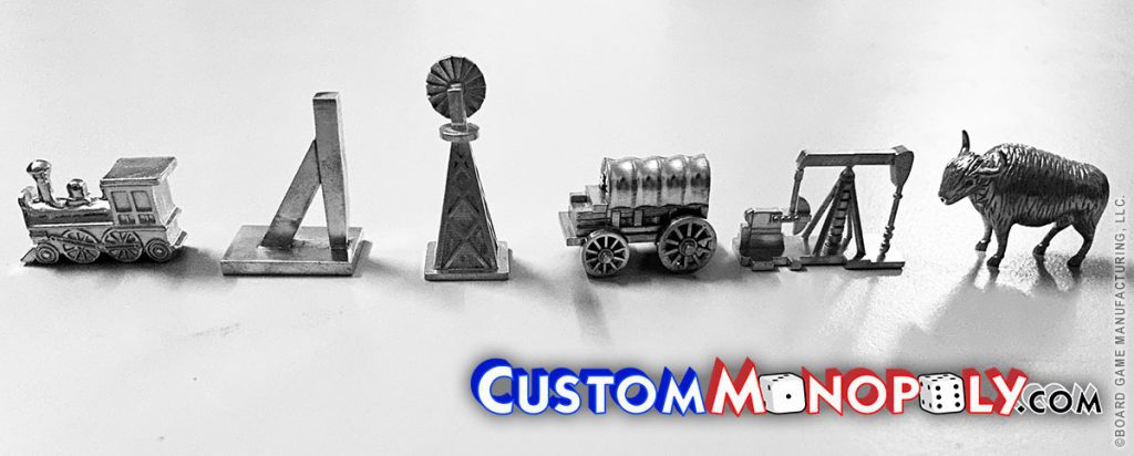 Locomotive Train, Oil Drilling Rig, Oil Tower, Wagon, Oil Drilling Pump Machine, Bison, Buffalo, Metal Monopoly Tokens